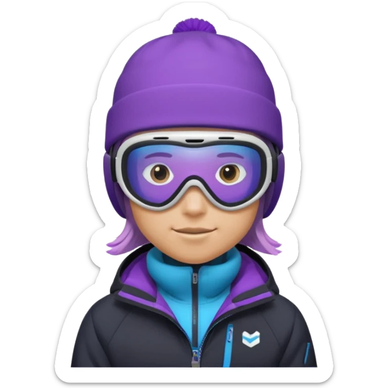 Pro Snowboarder with white and grey beanie, ONE pair of purple and blue frameless goggles on and a black jacket sticker