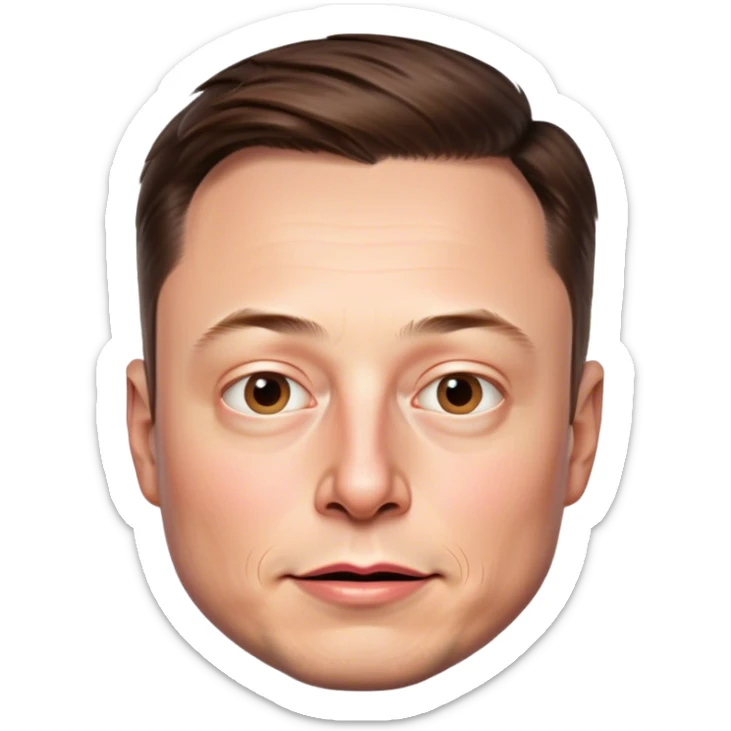 A highly detailed, photorealistic emoji-style illustration of just Elon Musk's head, no neck. The rendering should closely match his real facial features, skin and hair, with hyper realistic shading and lighting. Transparent background sticker