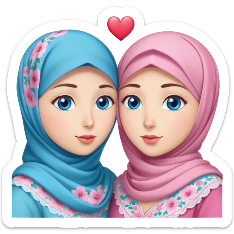 Two friendly Turkish girls beautiful finish Konya blue eyes with pink floral hijab and heart dress and Scattering kisses outside  sticker