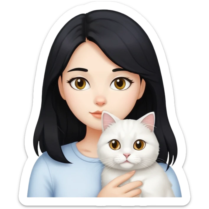 black hair girl with British Longhair white cat sticker