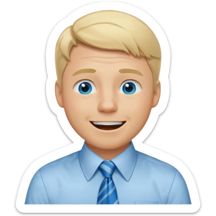 A guy with blonde hair and blue eyes that looks masculine. make him wear a shirt with a tie. he is danish. He is laughing with tears in his eyes sticker