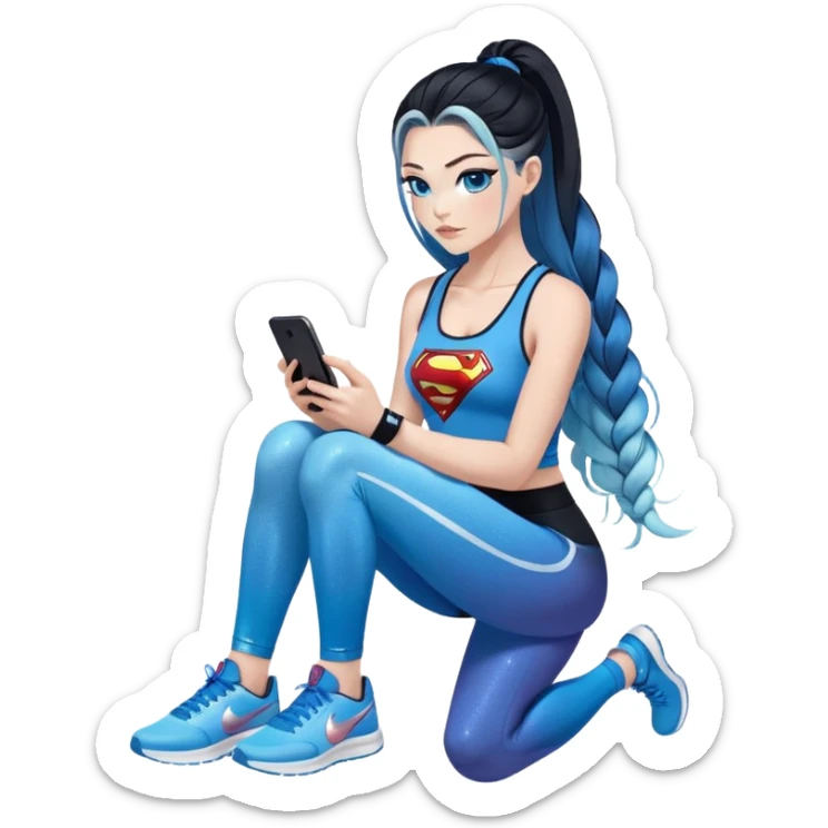 Shameful-Female-very very very large chest-texting on a samsung cell phone-very long straight braided black to sky blue hair ombre-blue eyes-black eyeliner-long eyelashes-iridescent sky blue low cut tank top with glitter superman logo-white leggings-nike high top sneakers sticker