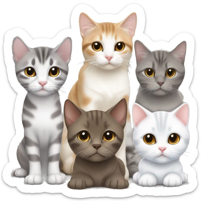1 brown puppy 1 white tabby cat with half face grey 1 transylvanian cat 1 scottish fold cat sticker