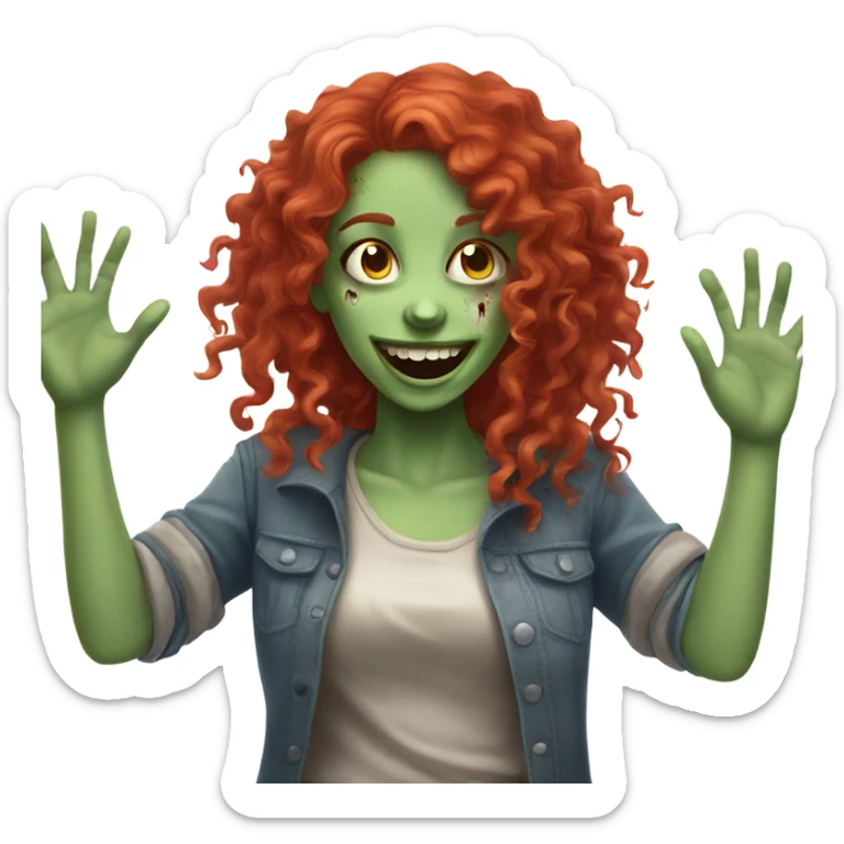 Happy zombie girl red curly hair with both hands in the air sticker