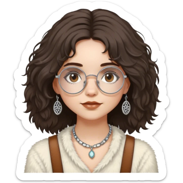pale girl with dark brown chin length fluffy hair, modern hippie style, silver layered jewelry, round thin rimmed glasses, brown eyes sticker