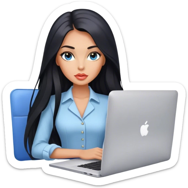 Glamours tanned very beautiful girl with pump peach lips and black straight smooth long hair, blue-grey eyes in beautiful clothing with MacBook in the office sticker