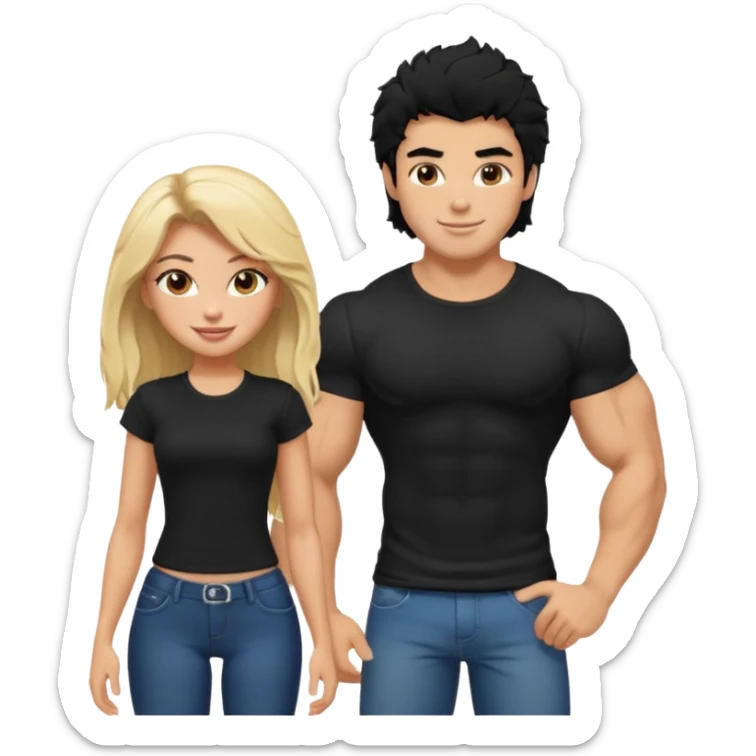 a pretty bratz guy with black hair with big muscles and shaggy hair in a tight black tee smiling standing with a girl sticker