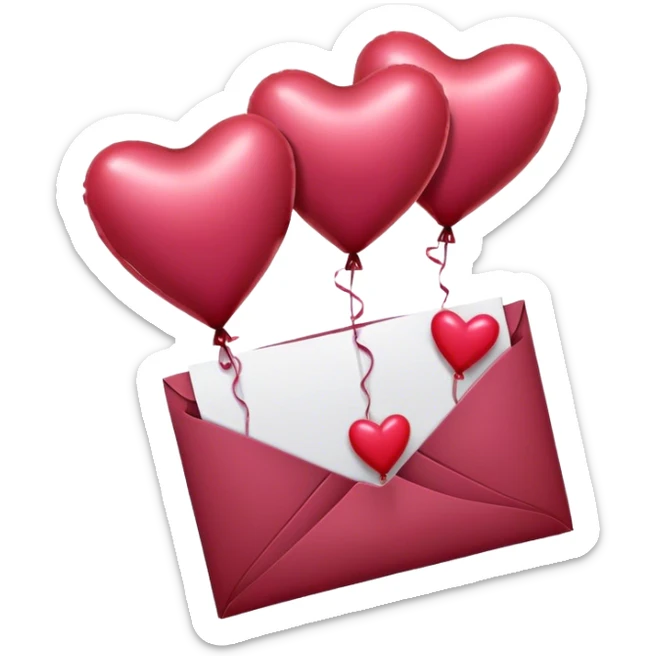 maroon love letter, three metallic pink heart-shaped balloons and red kisses  sticker