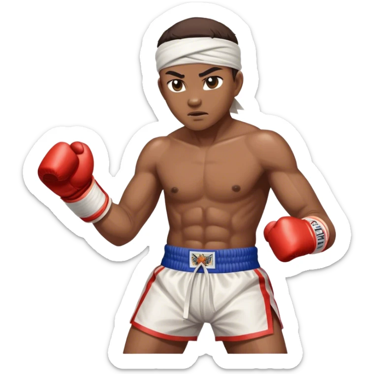 ​Cinematic Realistic Traditional Muay Thai Fighter such as Buakaw Banchamek, depicted in authentic attire featuring white bandaged gloves wrapped around his fists, a traditional headband tied neatly, and classic Muay Thai shorts, captured in a dynamic fighting stance under dramatic, high-energy lighting that highlights the raw power and elegance of the art, sticker