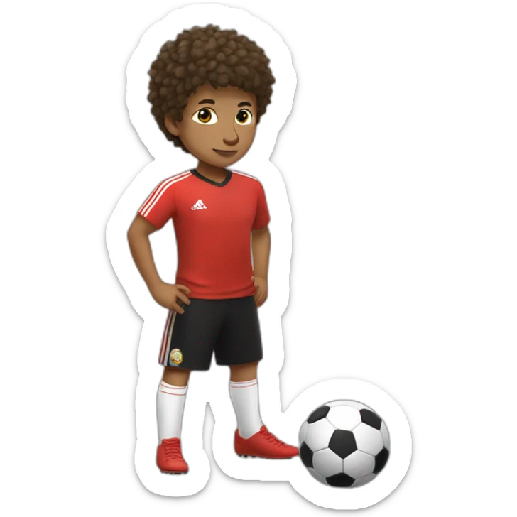 Young brown kid freestyling soccer ball on his head, spike haircut, red shirt, black trousers, soccer ball sticker
