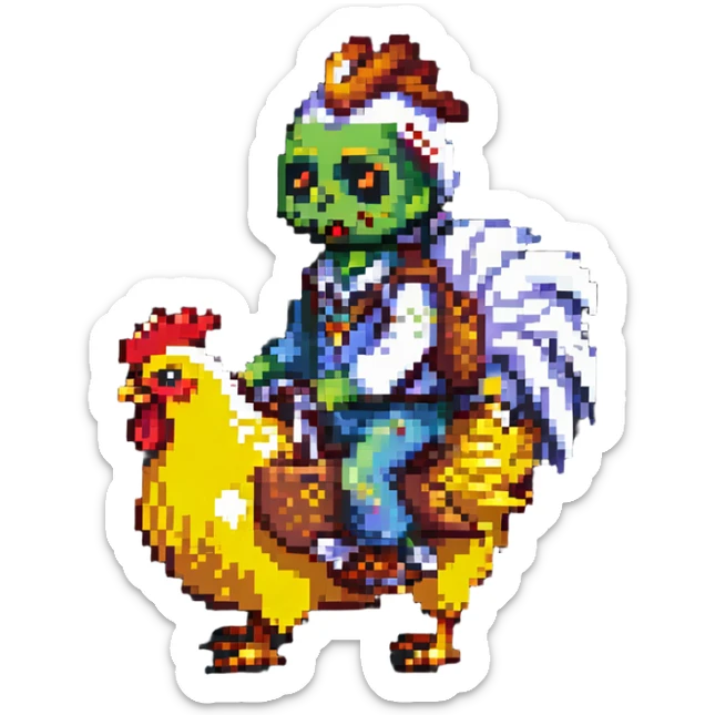 a chicken jockey, small zombie riding a chicken, pixel art style sticker