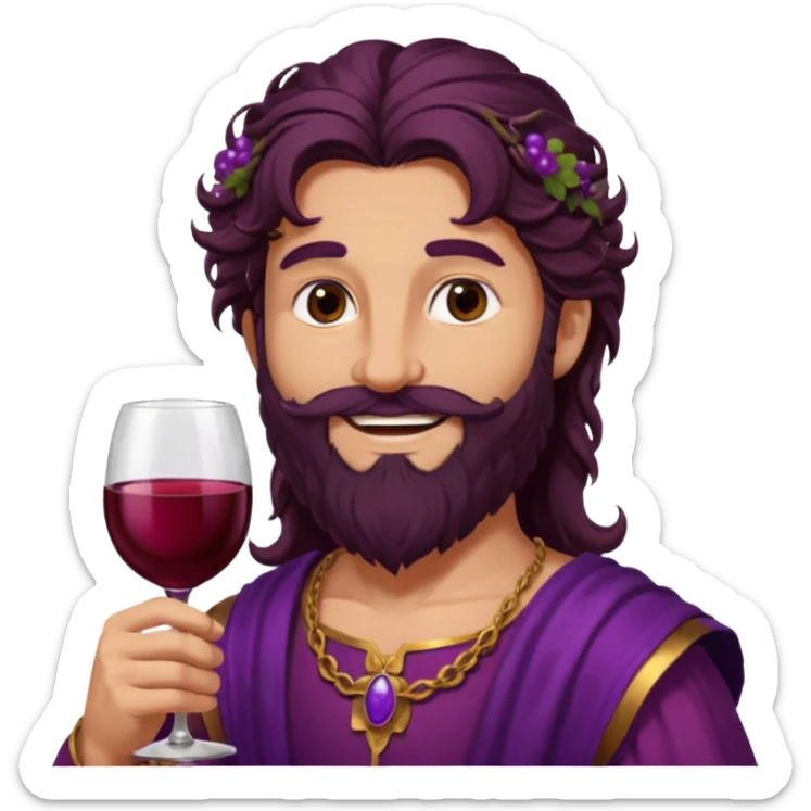 Bacchus, Wine God from Rome Mythology with long dark brown hair and beard, purple and burgundy outfit, sticker