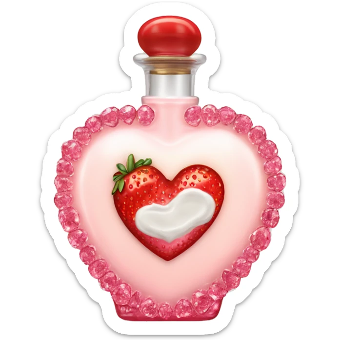 Antique heart-shaped parfumerie bottle with butter, made of red crystals, white cream and pink strawberry milk pour from the bottle sticker