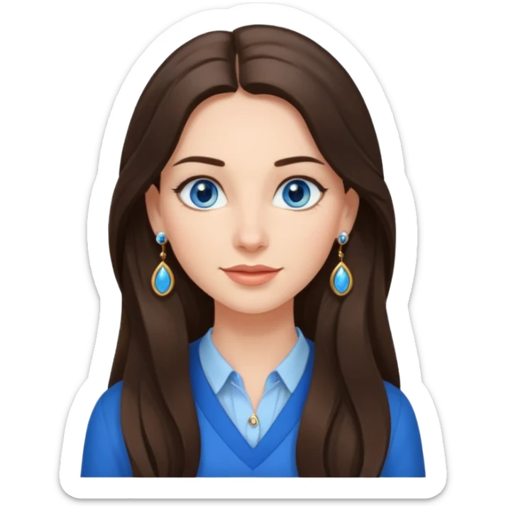 
Create an emoji of a brunette with blue eyes. She should have long hair, stylish clothing, and a friendly facial expression. Add some accessories like earrings or glasses to make the look more interesting. sticker