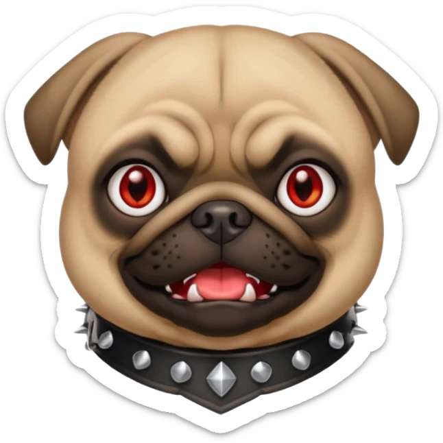 iphone style emoji of pug with fierce and funny face, red eyes, small fangs, black spiked collar, 2D bright and clean style, comic attitude sticker