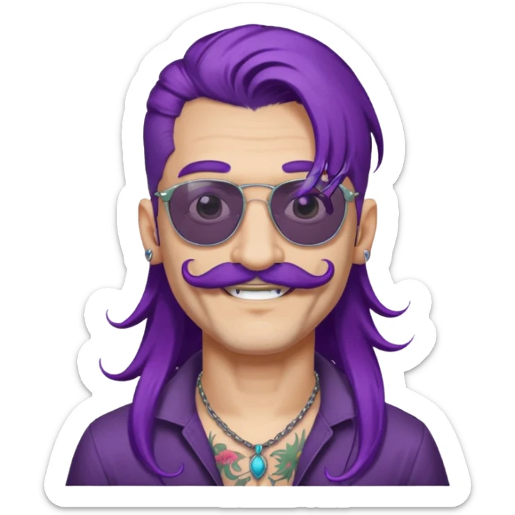  long purple haired man, mustached and face tattoes, handsome, sunglassess wearing sticker