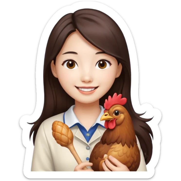 korean girl with long dark brown hair holding a chicken drumstick, simple emoji style sticker