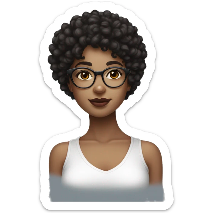 Black curly Hair girl with a white crop top on and blue eyes with natural lashes and glasses with lip gloss on her lips lightskin looking forward. sticker