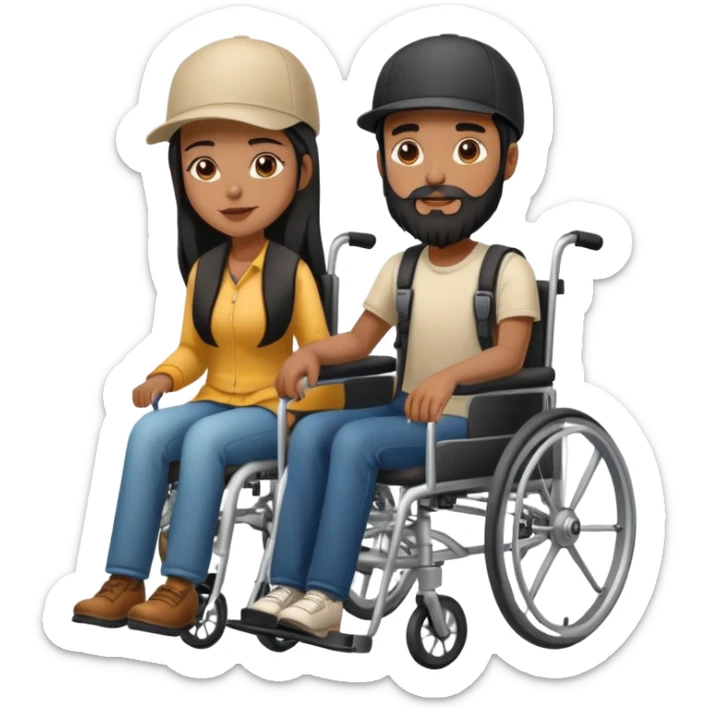 Beige skin man with a beard and cap in a wheelchair and a brown skin woman with long black hair in a wheelchair  sticker
