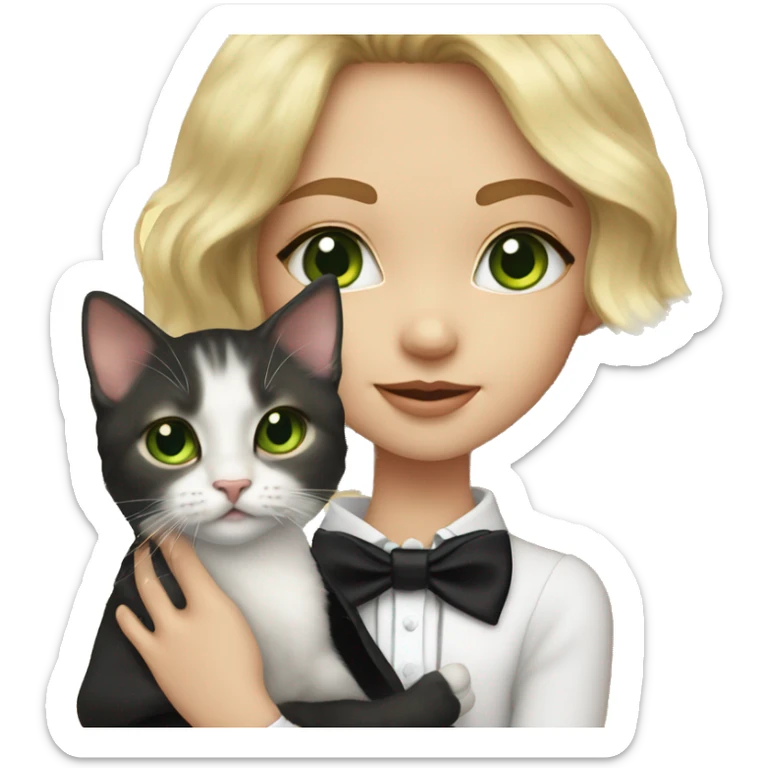 blonde girl with medium lenght wavy hair and green eyes holding a tuxedo kitten with a black bow collar and yellow eyes sticker