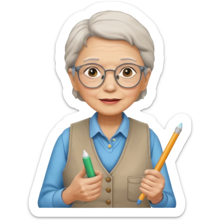 woman teacher, old, wearing vest, wearing glasses, hold chalk on their hand sticker