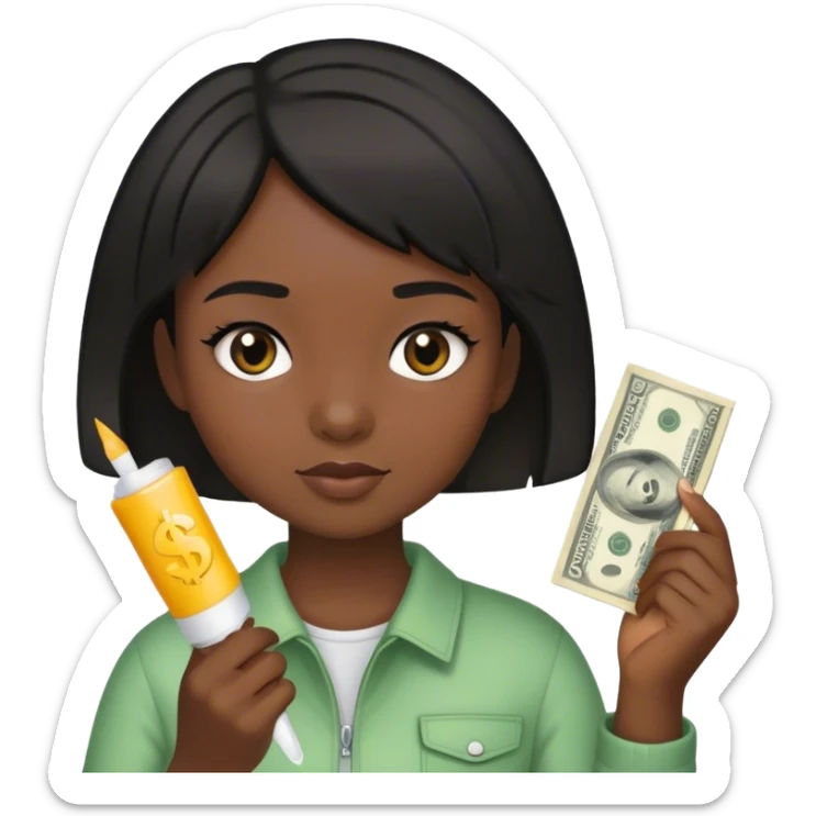 a young girl with dark skin and short black hair holding money and a glue stick in her hands sticker