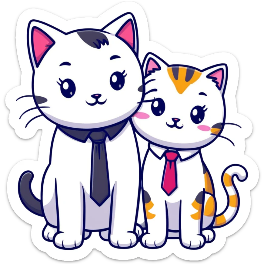happy girl cat with eyelashes wearing a colorful necktie and happy boy cat wearing a professional necktie standing together and holding paws, both with loving expressions sticker