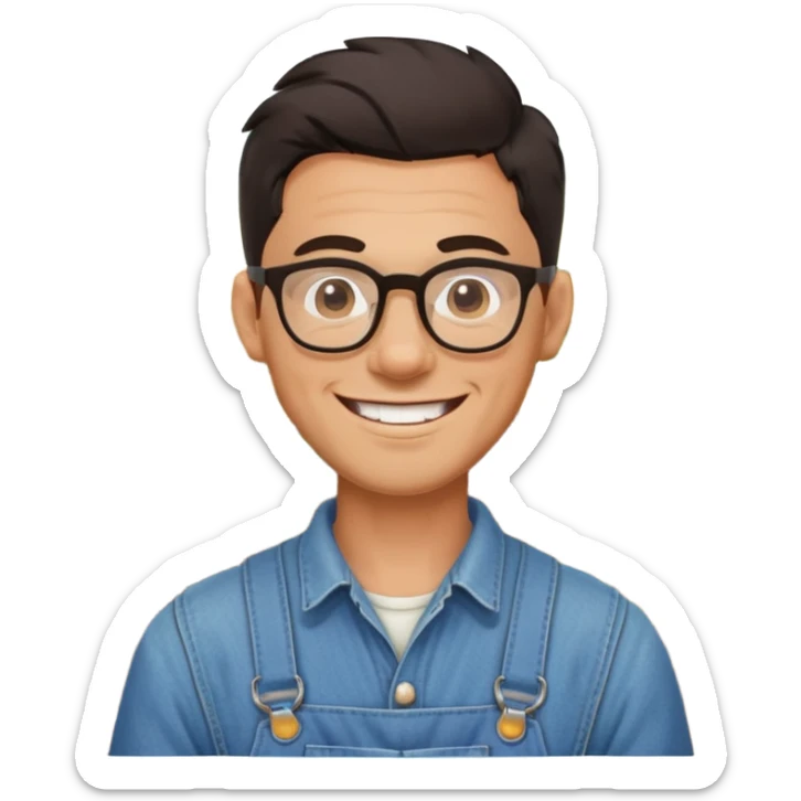 smiling dark-haired man with glasses, big teeth, standard male haircut, rural farmer sticker