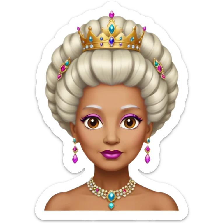 old queen with Elaborate updo hairstyle, powdered wig, adorned with jewels warm brown skin sticker