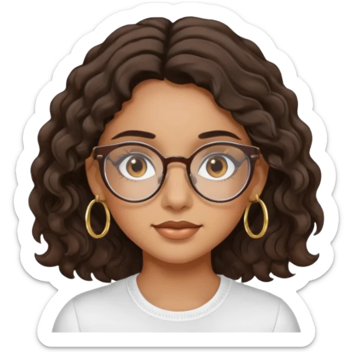 Make a girl with dark brown wavy hair and brown eyes she's tan latina and she has clear glasses and small hold hoop earings sticker