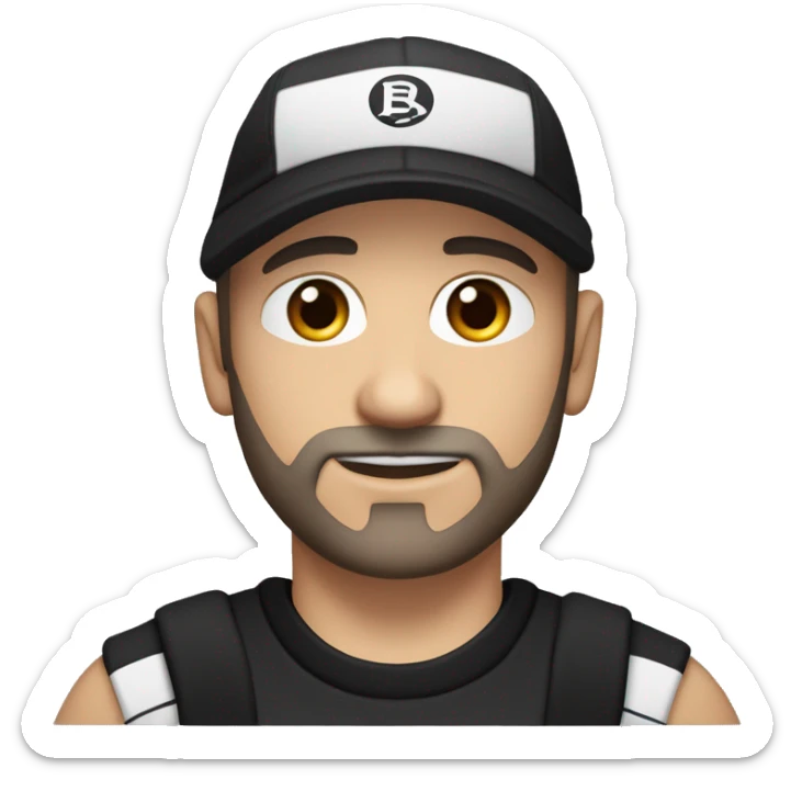 An adult white skin portrait of male with stubble and a slightly gray beard, brown hair, black eyes, wearing a black Reebok cap with a round emblem on his head, and a black sweater with three white stripes on the sleeves underneath. sticker