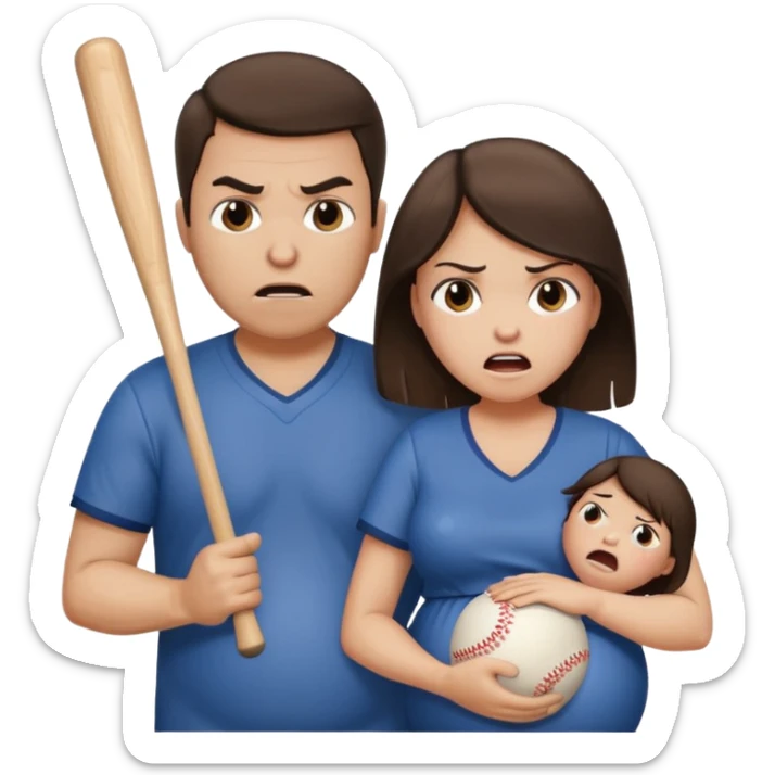 A angry brunette man holding a baseball bat towards a brunette pregnant woman who is crying sticker