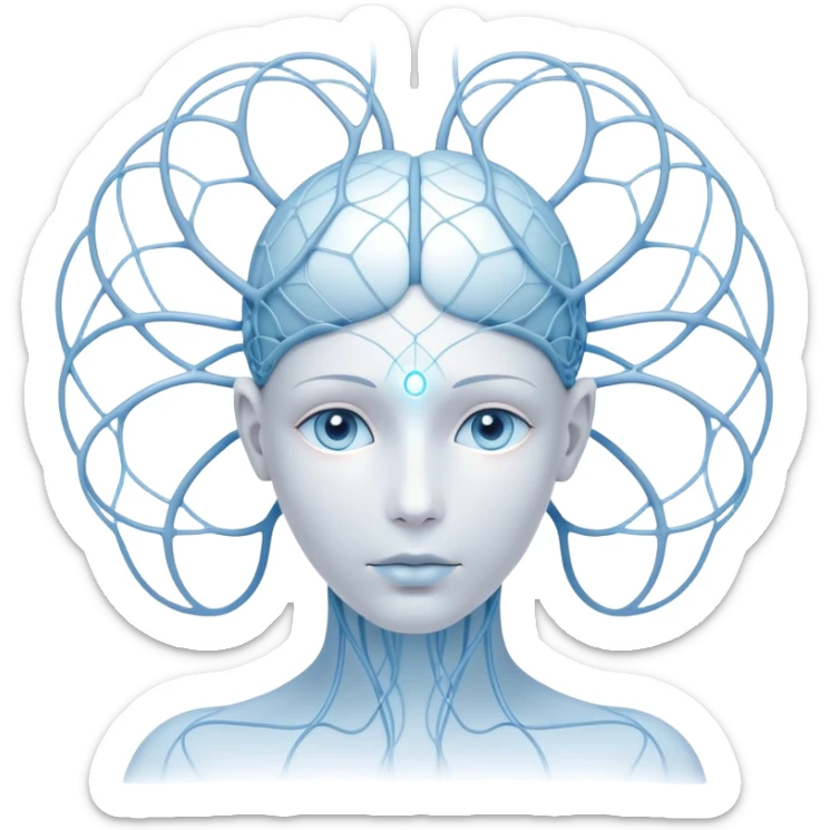 minimalist human figure with luminous cores at head and heart, delicate lines and orbs forming a neural web, soft white-blue light sticker