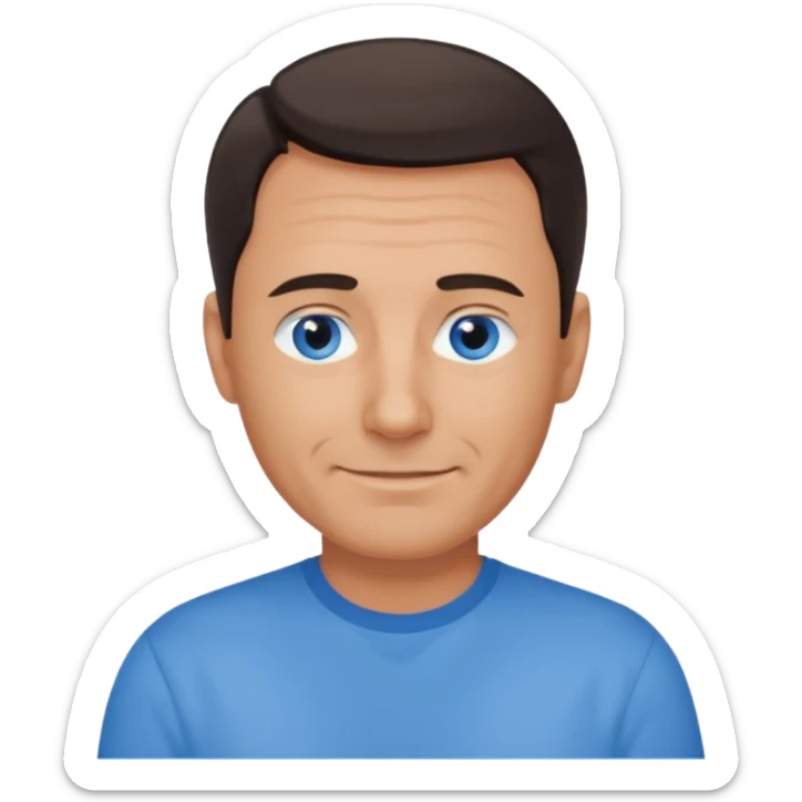 Middle aged man with tanned skin, receding dark hair and no beard, blue eyes, shy smile sticker