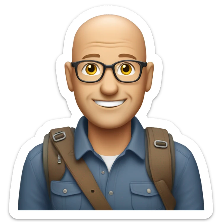 a bald friendly man who is welcoming in his mid 50s with no spectaces and no facial hair for a travel tour guide company logo sticker