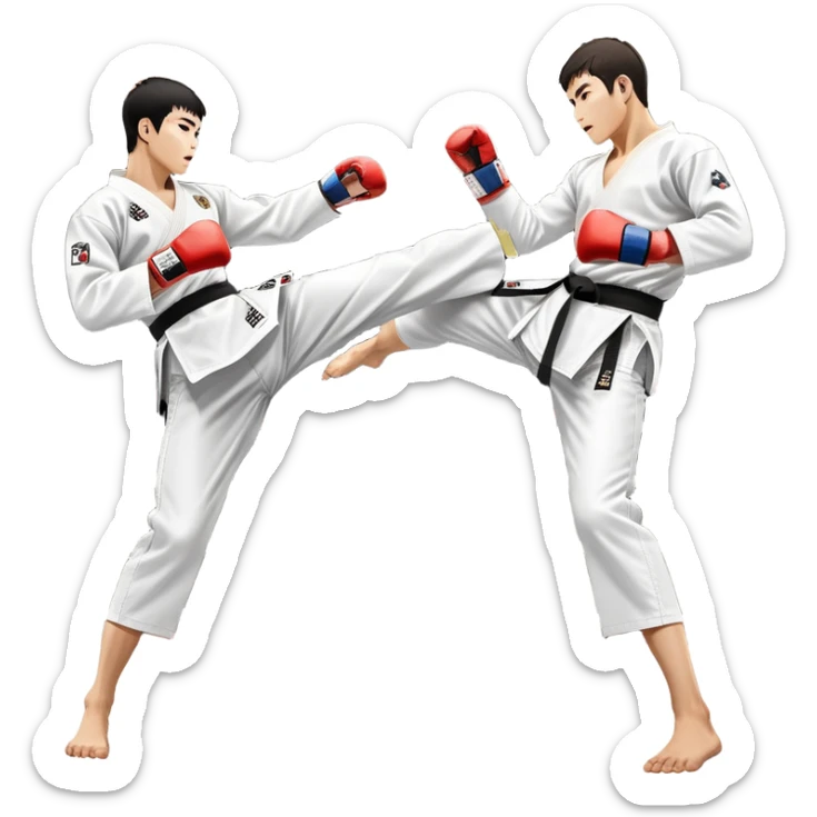 Two taekwondo fighters in traditional white doboks with black belts. One delivers a powerful kick, while the other defends by blocking with his knee. The background shows a professional arena with bright lights and an excited crowd. Transparent background highlights the intense action sticker