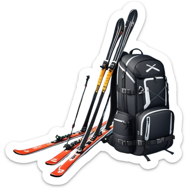 An icon showing a close-up of a biathlon backpack, a pair of skis, and a biathlon rifle resting against snow. In the background, a beautiful winter landscape with snowy trees and mountains under a clear sky. Transparent background reflects the sport’s precision and rugged endurance. sticker