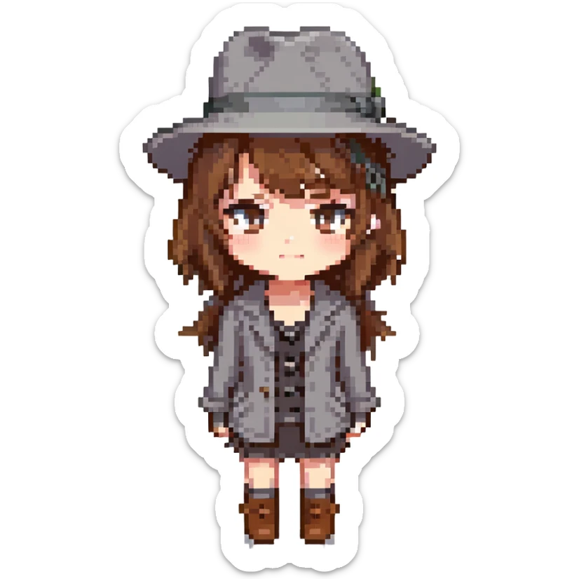pixel art of a girl with brown hair and a grey fedora, chibi proportions sticker