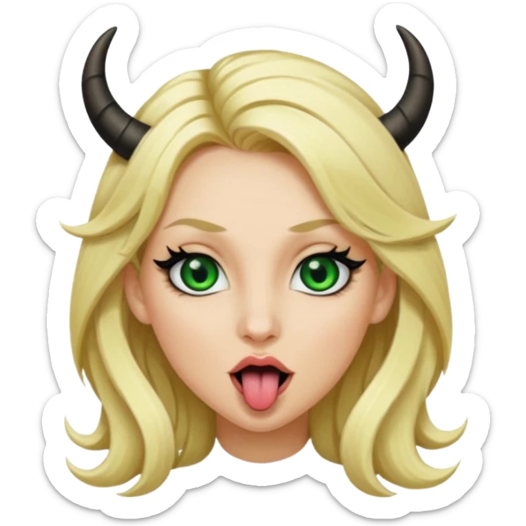 Emoji femme blonde habillée en noir cheveux blond, yeux vert avec de long cils noir qui tire la langue et à des cornes  sticker
