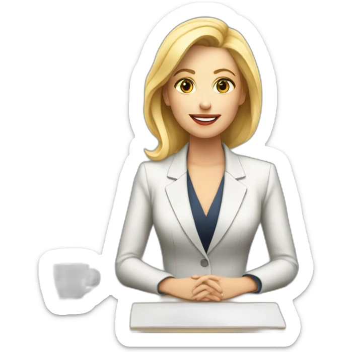 Blonde white woman wearing a suit sitting on the table telling the news towards the camera sticker