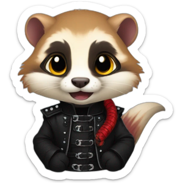 Red ferret wearing black gothic heavy metal clothing fringe to one side and snake sticker