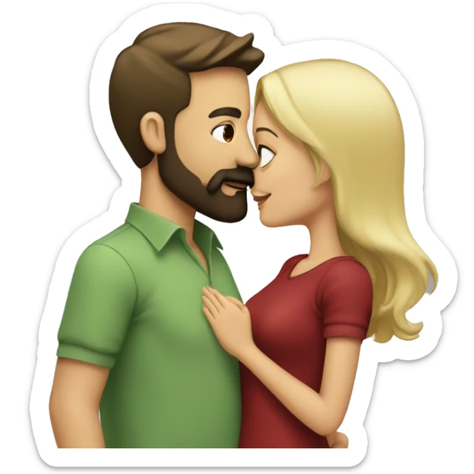 blonde girl with sage green shirt kissing man with dark brown hair, dark brown beard and mustache, and wearing a red shirt  sticker