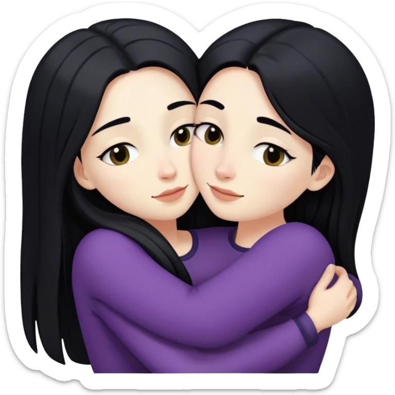 A lesbian couple with white skin and long black hair hugging intimately sticker