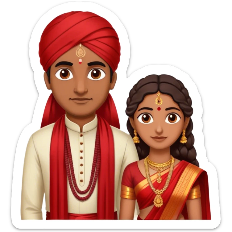 Tamil South Indian couple. Tamil brahmin iyengar male wearing veshti, no shirt, and poonal. Female wearing red sari in traditional Tamil bride attire sticker