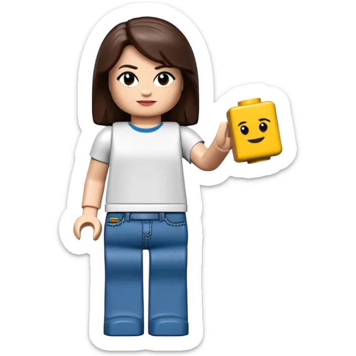 Lego lady with dark brown hair with a t-shirt and blue jeans sticker