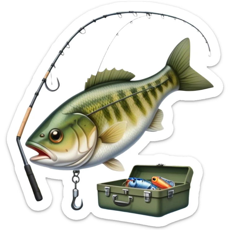 Icon for Fishing: a fishing rod with a line in the water, a tackle box, a fish on the hook, and a peaceful lake or river background. The icon should capture the calm and skill of fishing. Transparent background. sticker