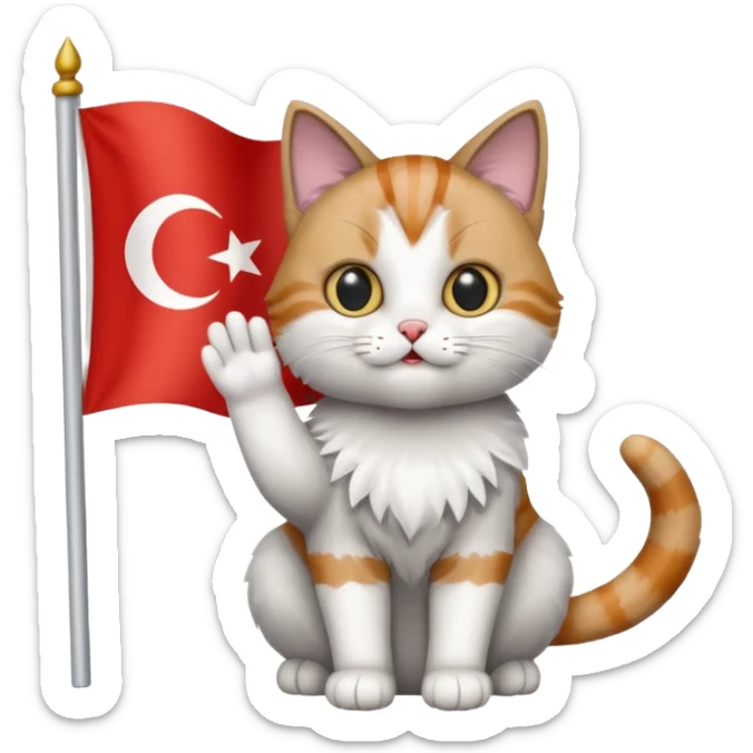 Rengi gri beyaz olan türk bayrağı sallayan kedi sticker