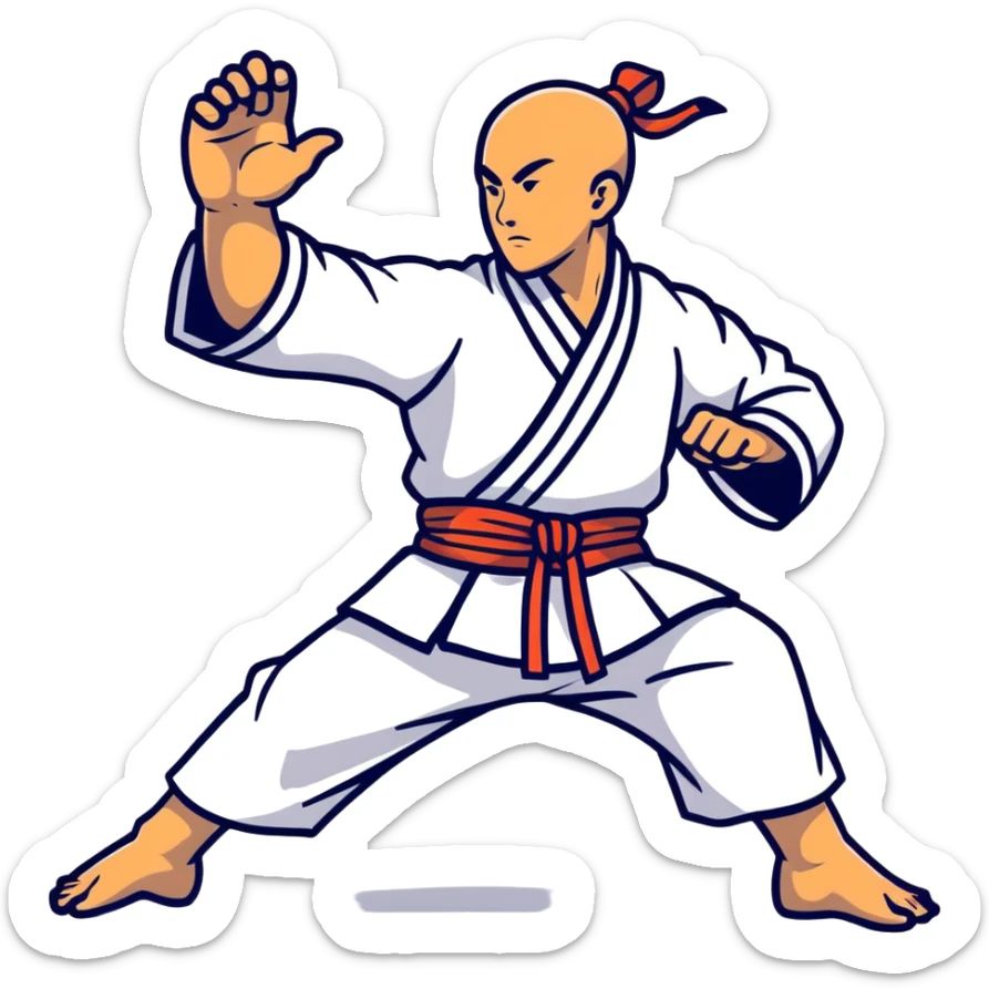 Martial artist in dynamic kung fu pose, wearing traditional loose outfit with sash sticker