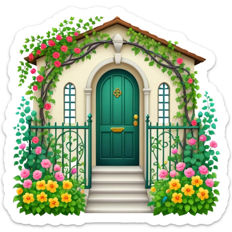 iron fence house entrance with vines, flowers and garden sticker