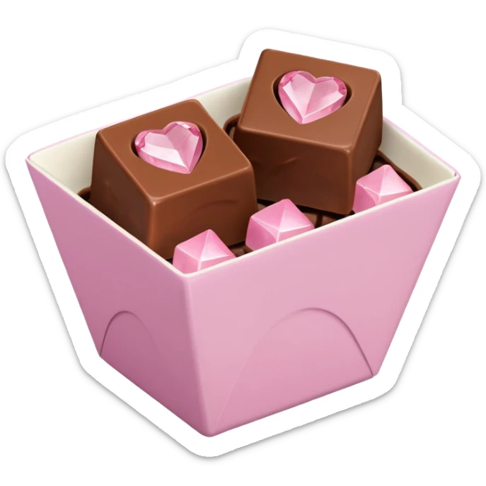 Two square milk chocolate Each of the two chocolates will have its own pralines only, Each praline is a sharp-edged cube with smooth glossy chocolate coating, placed in a small white fluted paper candy cup. On top of each cube is a flat pastel pink heart-shapedwith fine sugar crystal sparkle. sticker